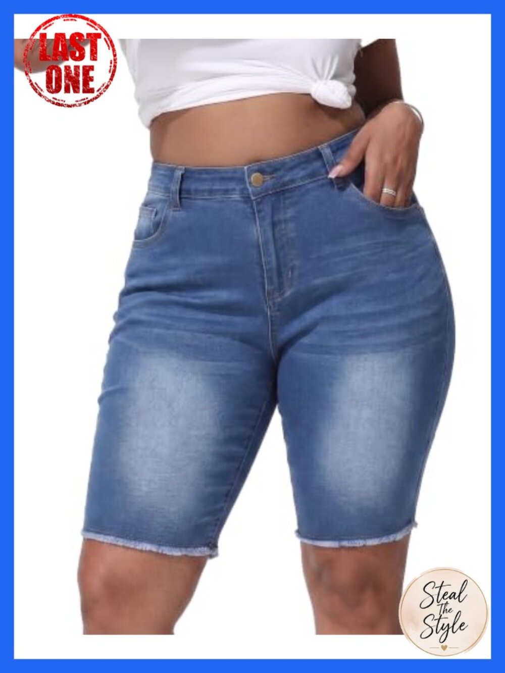 Plus Size High Waisted Stretchy Jean Shorts 10" Inseam Raw Hem Bermuda